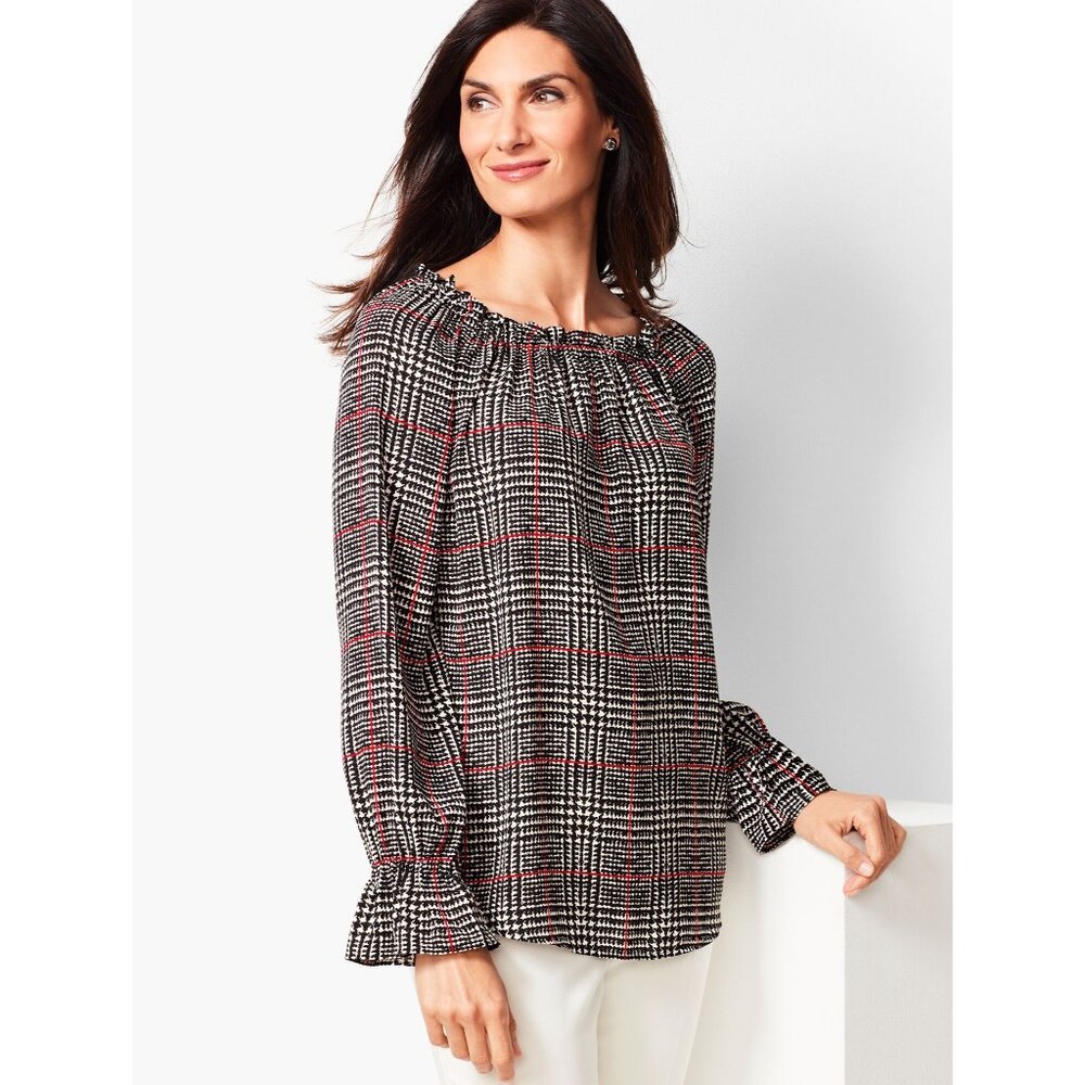 Talbots Smocked Popover Top Size 2X Petite Black Glen Plaid Grannycore Preppy